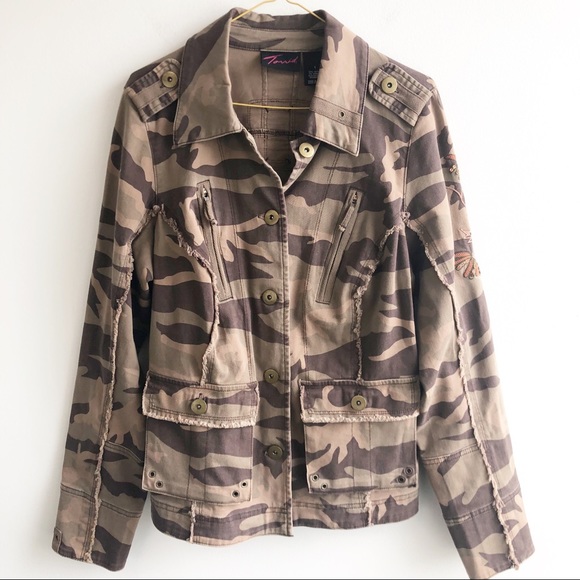 torrid Jackets & Blazers - Torrid Camo Embroidered Frayed Detail Jacket
